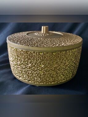 Vintage MCM Ornate Gold Hollywood Regency Round Lidded Storage Sewing Box